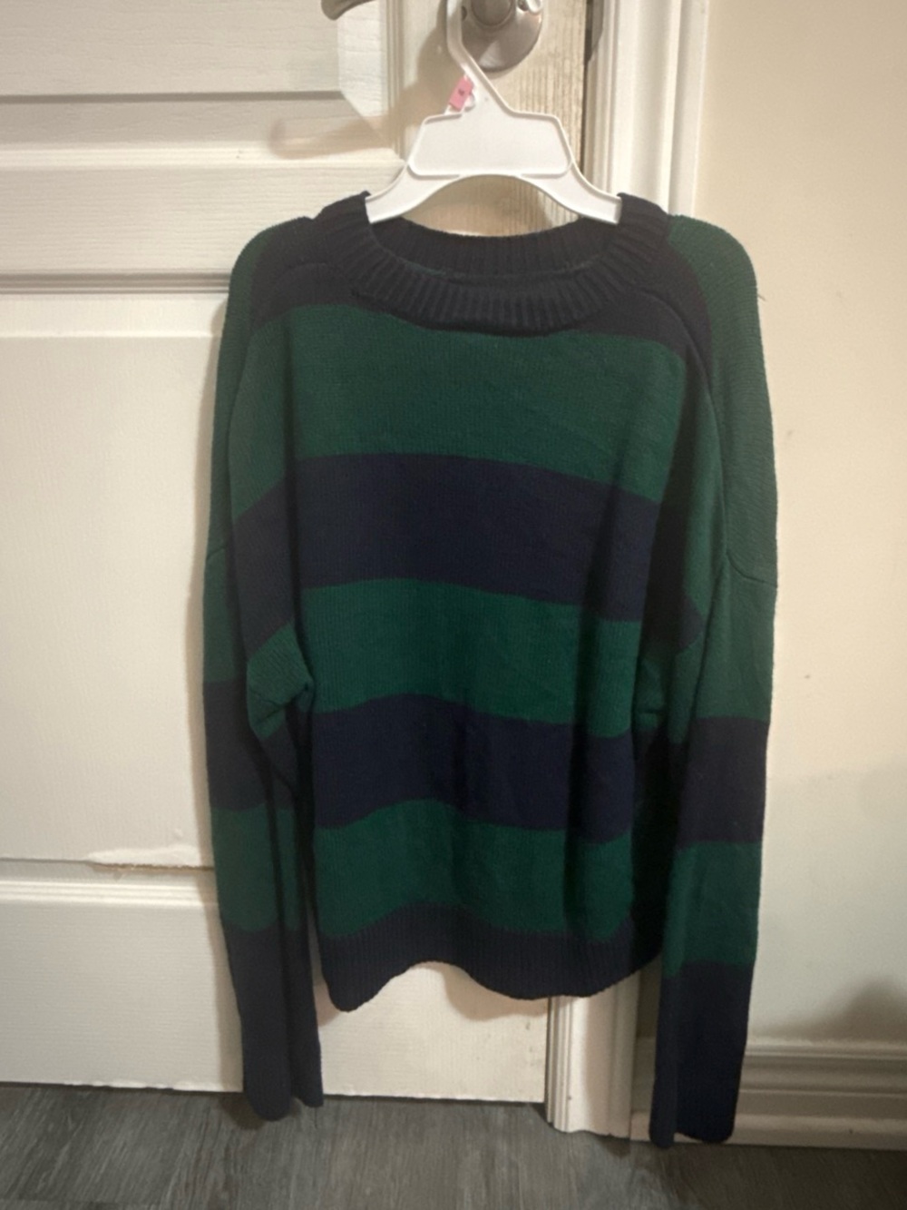H&M Men's Green and Navy Striped Crewneck Sweater